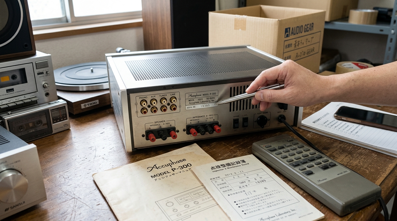 アキュフェーズのアンプ背面の型番シールと付属品のリモコン、取扱説明書を並べた様子