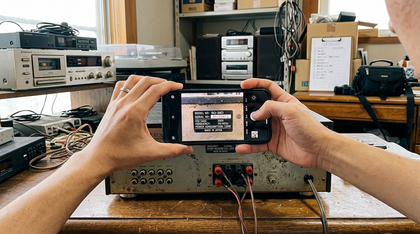 オーディオ機器の背面に記載されている型番や製造年をスマホで撮影している様子