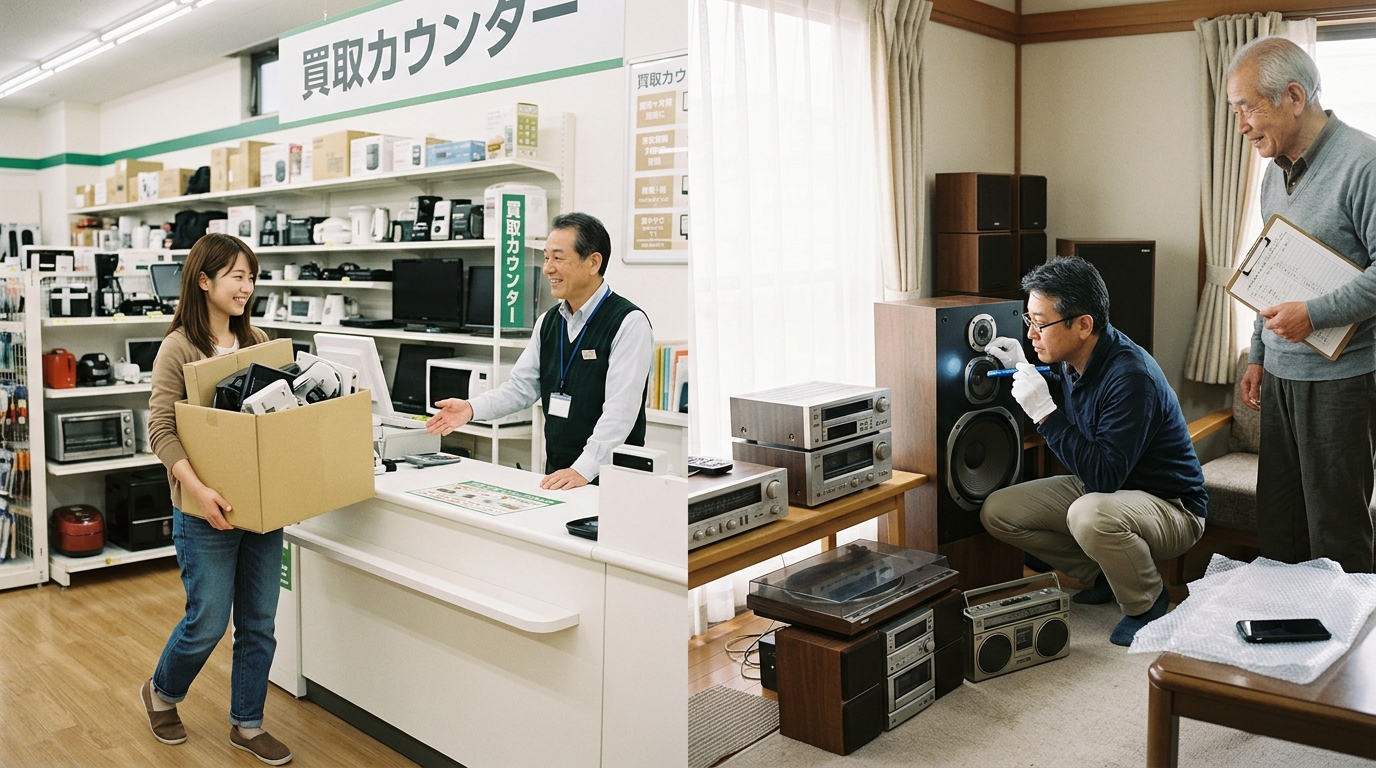 リサイクルショップの店頭カウンターと、自宅での専門査定を比較するイラスト