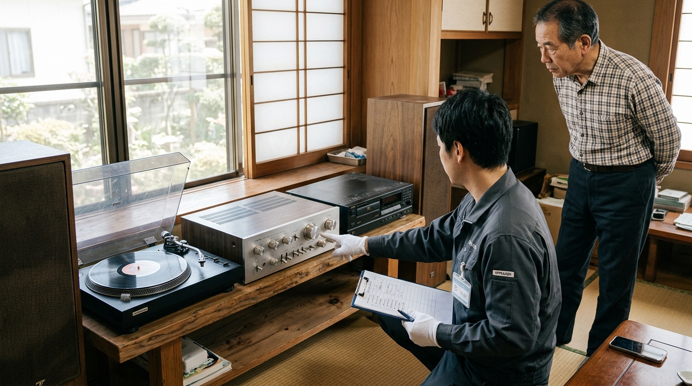 重いスピーカーやアンプが並ぶ部屋で出張査定を依頼する際の様子