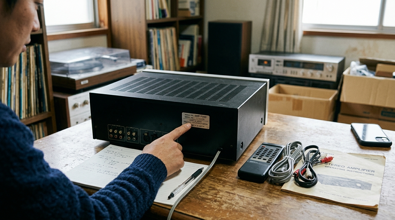 オーディオ機器の背面にある型番シールや、説明書・リモコンなどの付属品を並べた様子