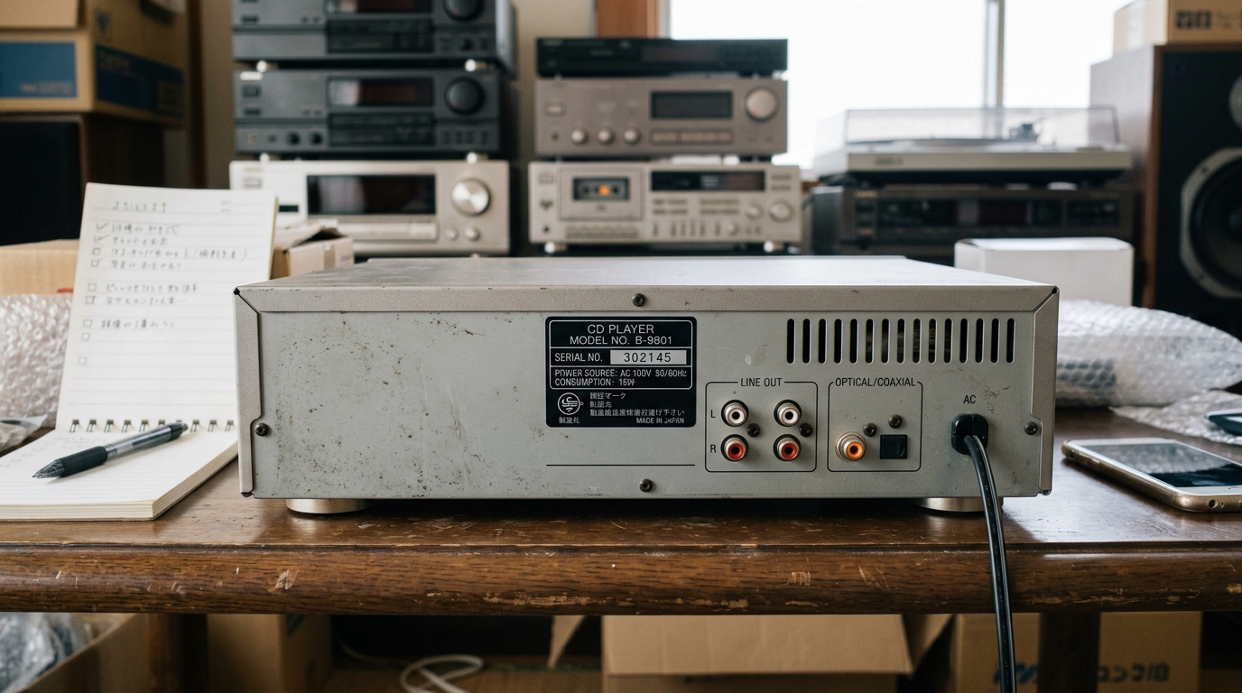 CDコンポの背面に貼られた型番や製造年が記載されているシールと、端子部分のアップ写真