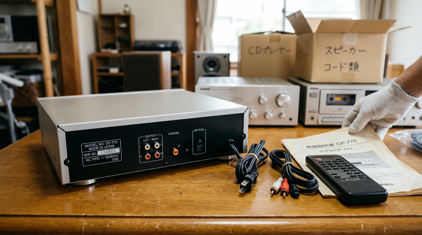 CDプレーヤーの背面にある型番プレートと、リモコンなどの付属品を並べた写真