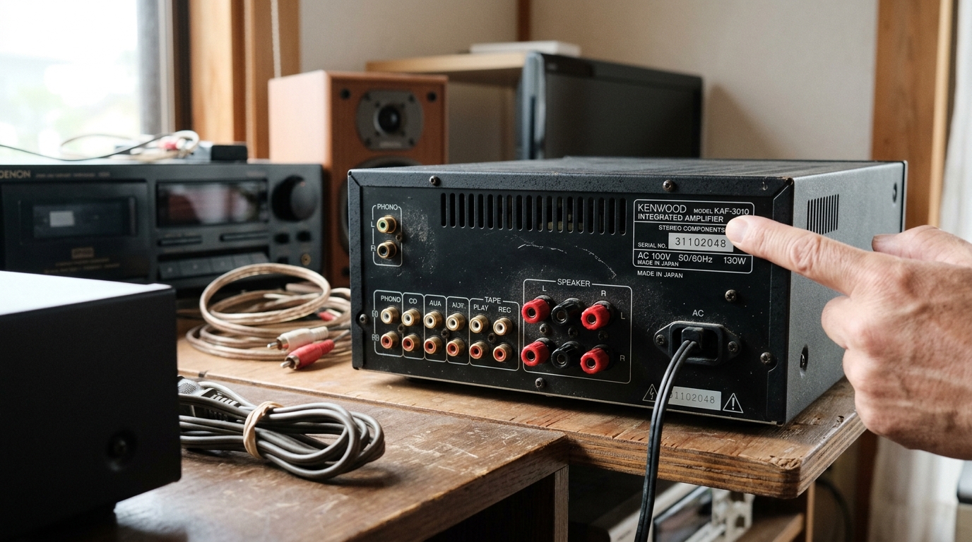 90年代のケンウッド製ミニコンポ本体と背面の型番シールを撮影したイメージ