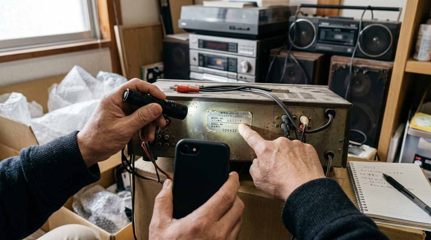 古いオーディオ機器の背面にある型番ラベルやメーカーロゴを撮影している様子